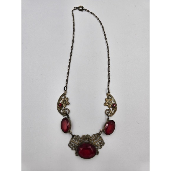 Antique Brass Filigree Necklace Red Glass Stones Art Deco Nouveau Style - Picture 4 of 16